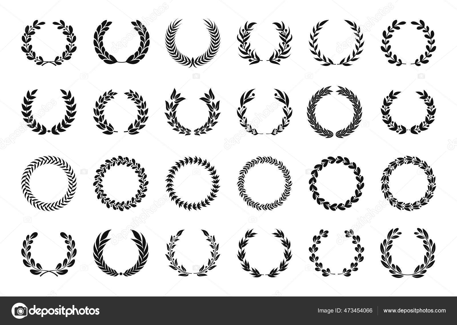 Corona de laurel. emblemas de rama de olivo o trigo, logotipo de la hoja de  premio ganador, círculo dejar fronteras. Antigua victoria o corona de  aniversario vector conjunto Vector de stock #473454066, image size:1600x1139
