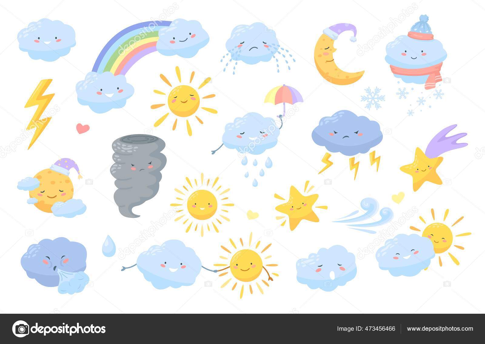Cute weather. Cartoon weather characters with happy faces. Clouds, lightning, rainbow, sun, moon, star. Kawaii meteorology vector icons Stock Vector Image by ©vatruska #473456466 Cute weather. Cartoon weather characters with happy faces. Clouds, lightning, rainbow, sun, moon, star. Kawaii meteorology vector icons Stock Vector Image by ©vatruska #473456466