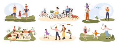 Aile açık hava aktivitesi. Ebeveynler ve çocuklar birlikte zaman geçiriyorlar. Piknik yapmak, yoga yapmak, bisiklet sürmek. Aile yaz etkinlikleri vektörü belirlendi