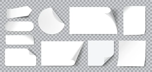 White stickers. Blank adhesive sticker with folded or curled corners. Realistic paper sticky notes in various shapes vector mockup — Stock Vector