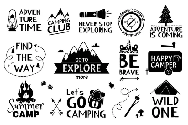 Avontuurlijke belettering. Reizen, wandelen, camping quotes met doodle elementen. Zomers vakantie, toerisme avonturen met de hand getekend logo vector set — Stockvector