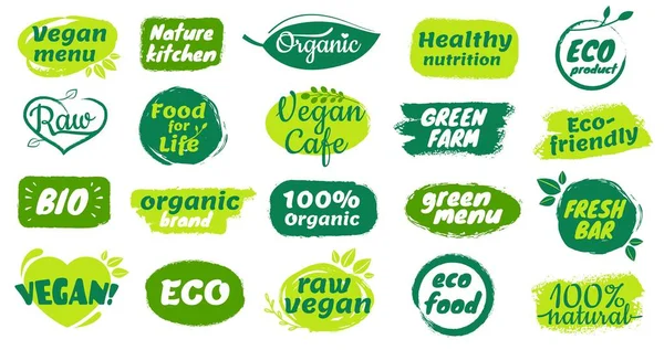 Organic food label. Natural organic product badges, raw vegan menu logos, fresh bar labels. Hand drawn healthy food stickers vector set — Stock Vector