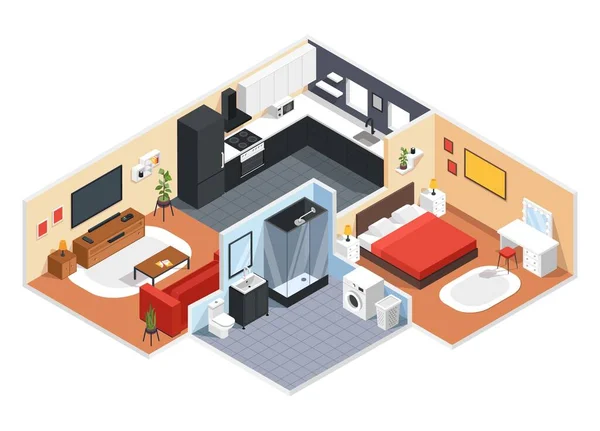 Apartamento isométrico. Moderno apartamento de diseño interior con dormitorio, sala de estar, cocina, baño. 3d vector de diseño interior del hogar — Vector de stock