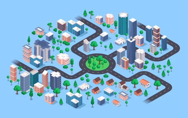 Isometric city. Modern urban cityscape with buildings, apartment houses, skyscrapers, roads, streets, trees, stores. 3d vector navigation map — Stock Vector