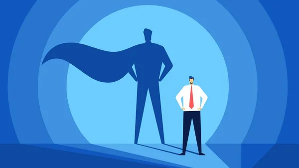 Businessman with superhero shadow. Successful and strong leader. Business success, confident leadership, ambition or power vector concept — Stock Vector