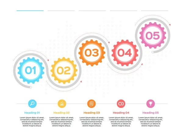 Gear infographic. Productie vooruitgang, ontwikkelingsproces business infographic met gear diagrammen. 5 stap tijdlijn vector sjabloon — Stockvector
