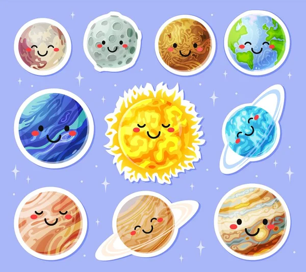 Planetární nálepky. Kreslené planety s roztomilými tvářemi. Slunce, Země, Měsíc, Mars Sticker. Funny sluneční soustava planet znaky pro děti vektorové sady — Stockový vektor