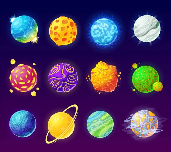 Fantasieplaneten. Cartoon fantastische außerirdische Planeten, bunte magische Welten. Kosmische Elemente aus dem Weltraum-Galaxien-Universum für Spieldesign-Vektor-Set — Stockvektor