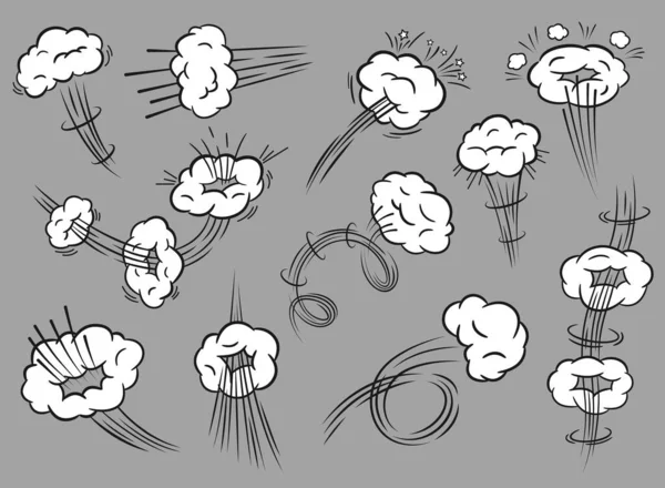 Nubes de velocidad cómica. Efecto de movimiento de dibujos animados con línea de velocidad y nube. Rápido movimiento o lanzar senderos, cómics efectos de explosión vector conjunto — Archivo Imágenes Vectoriales