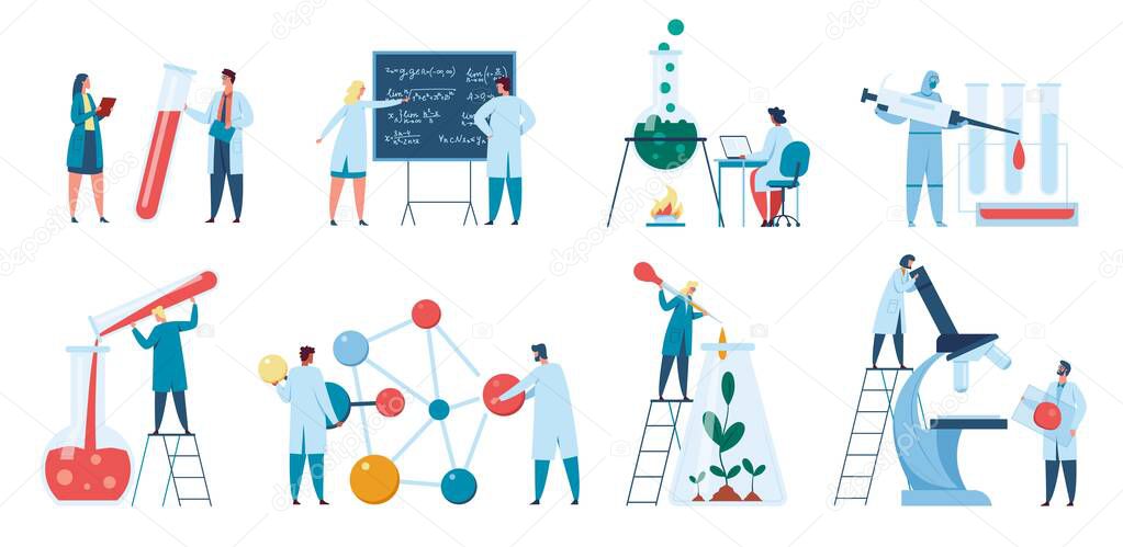Scientists research. Scientist or biologist working in laboratory. Lab worker in white coat. Biotechnology, scientific research concept vector set