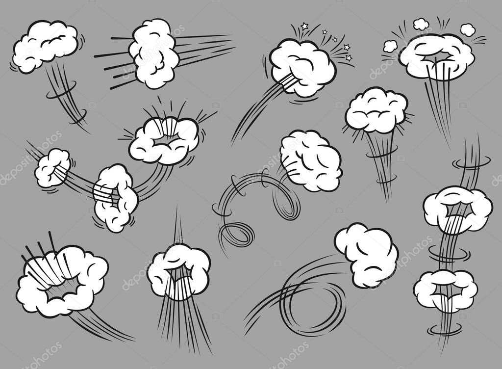 Comic speed clouds. Cartoon motion effect with speed line and cloud. Fast moving or throwing trails, comics books explosion effects vector set