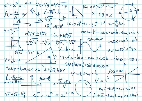 Doodle fórmulas matemáticas. Ecuaciones matemáticas manuscritas, esquemas en papel cuaderno cuadrado. Conjunto de vectores de cálculos de álgebra o geometría — Archivo Imágenes Vectoriales