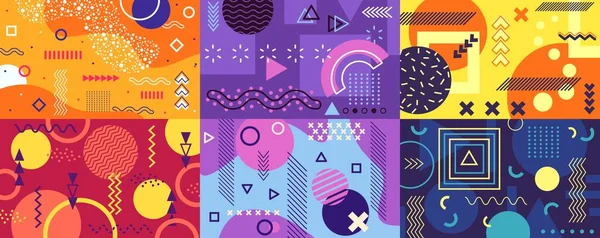 Memphis background. Funky abstract cover with geometric shapes and patterns. Fun pop art retro 80s 90s style poster template vector set — Stock Vector