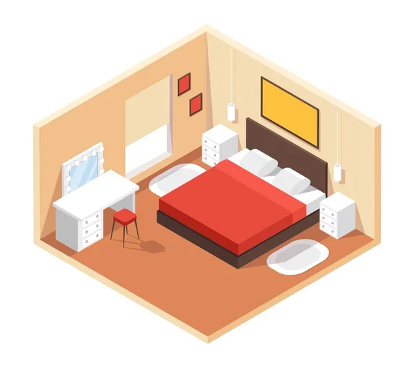 Dormitorio isométrico. Moderno y acogedor interior de la habitación con muebles cama doble, mesas de luz, mesa, espejo, pinturas. 3d dormitorio vector interior — Vector de stock