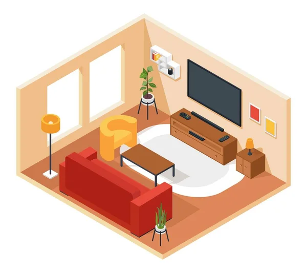 Isometric living room. Lounge interior with furniture sofa, chair, tv, coffee table, plant, carpet. Apartment or house room decor vector concept — Stock Vector