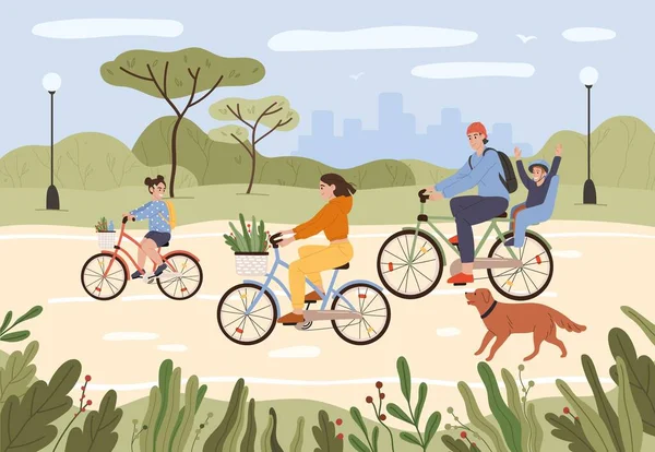 Rodina na kolech. Rodiče a děti jezdí na kolech. Aktivní rodinná jízda na kole v městském parku. Letní venkovní rekreace, sportovní aktivity vektorové ilustrace — Stockový vektor