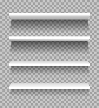 Beyaz raflar. Boş vitrin, sergiler için ürün rafları. Gerçekçi kitaplık rafı, süpermarket raf raf vektör modellemesi