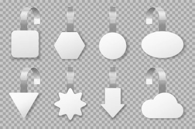 Sallananlar. Boş süpermarket tanıtım etiketleri, perakende satış reklam etiketleri. Çeşitli şekillerde gerçekçilik raf yalpalayıcısı vektör düzenleme seti