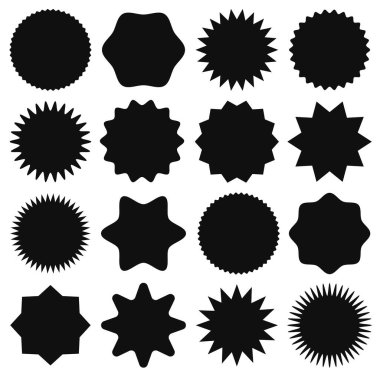 Siyah yıldız çıkartmaları. Yıldız şeklindeki fiyat etiketi, reklam etiketi, satış rozetleri. Boş promo güneş patlaması vektör şablonu ayarlandı