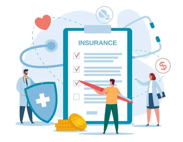 Health insurance. Doctor with shield and patient filling insurance documents. Health protection, medical services, healthcare vector concept — Stock Vector