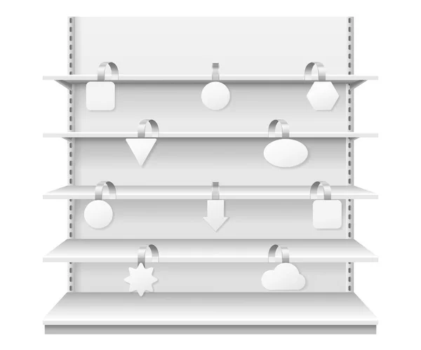 Wiebelaars op planken. Detailhandel bungelaars opknoping op supermarkt plank. Realistische vitrine display met witte prijskaartjes vector template — Stockvector