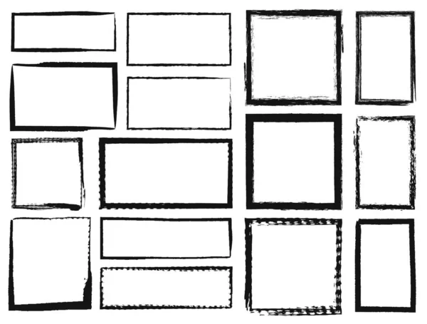 Grunge frames. Strukturované hrany čtverců a obdélníků. Špinavá špinavá černá fotografie rám textura, hrubý inkoust štětec tah ohraničení vektor set — Stockový vektor