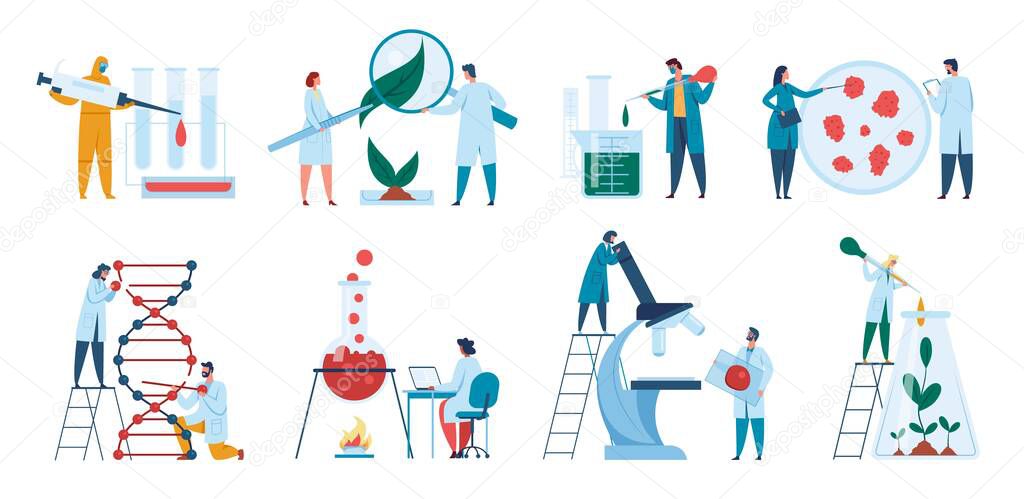 Scientists working in laboratory. Researchers, biologists doing science experiments. Dna research, pharmaceutical chemistry concept vector set