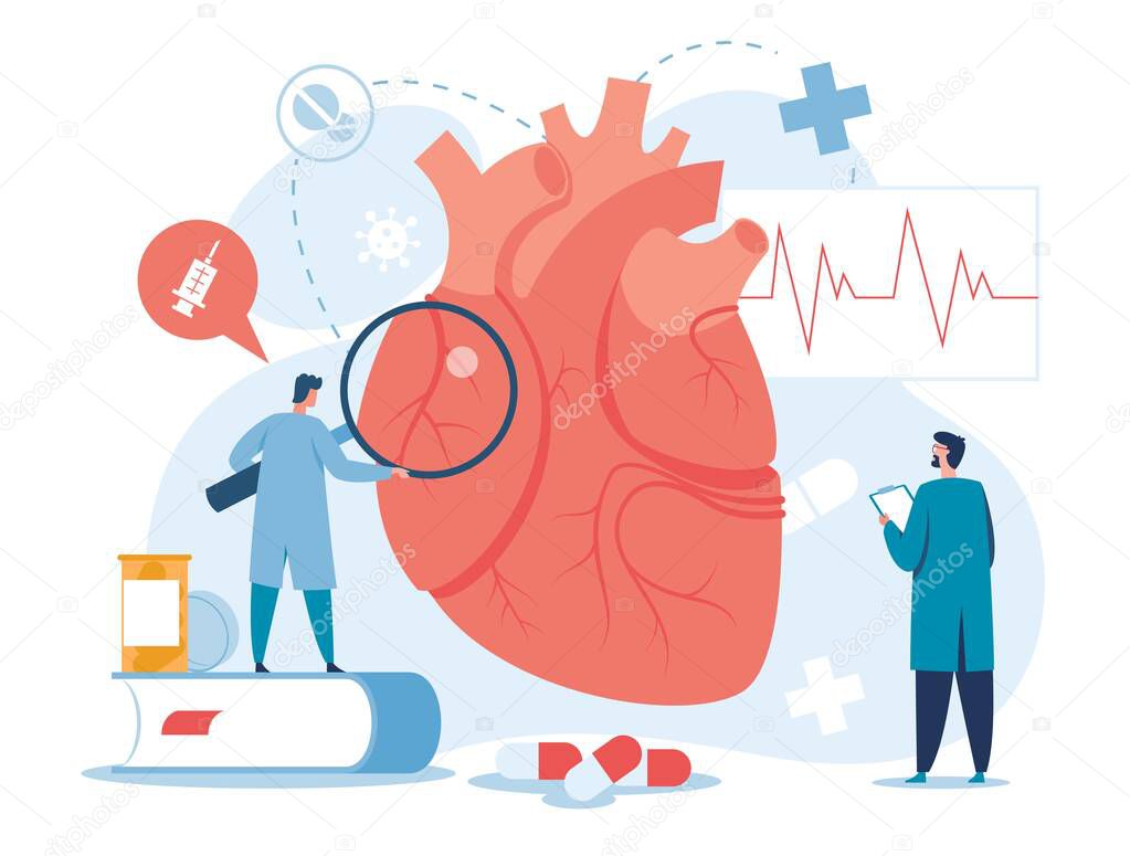 Cardiology. Cardiologists examining heart. High cholesterol medical diagnostics, heart failure treatment, heart transplantation vector concept