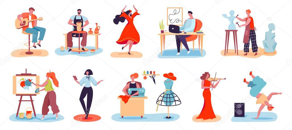 Artistic people. Men and women with creative professions musician, artist, designer, potter, sculptor. Characters enjoying their hobby vector set