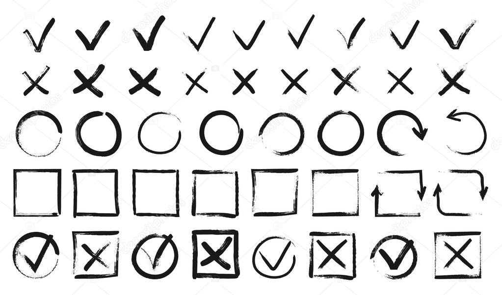 Hand drawn checkmarks. Black doodle v marks, checklist boxes. Grunge tick and cross signs, brush stroke voting checkmark vector set