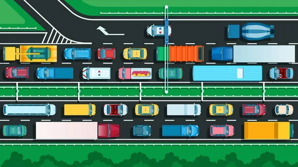 Autobahn von oben mit Stau. Viele verschiedene Autos auf der Stadtstraße. Verkehrsproblem, Stadtverkehr auf verstopften Straßen — Stockvektor