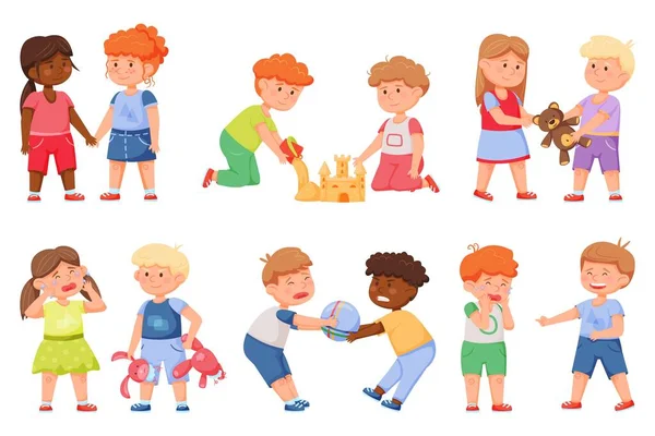 Los niños son buenos y malos. Amigos compartiendo juguetes, jugando juntos, tomados de la mano. Enojado niños luchando, intimidación amigo dibujos animados vector conjunto — Vector de stock