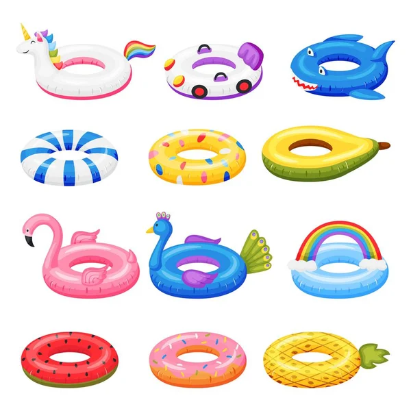 Zwemspeelgoed. Cartoon rubber opblaasbare ringen in verschillende vormen eenhoorn, flamingo, watermeloen. Zwembad accessoires strand opblaasbare speelgoed vector set — Stockvector