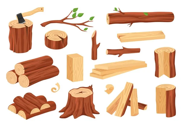 Cartoon wood log and trunk. Wooden lumber materials logs, trunks, stumps, firewood, planks, branches. Hardwood construction elements vector set — Stock Vector