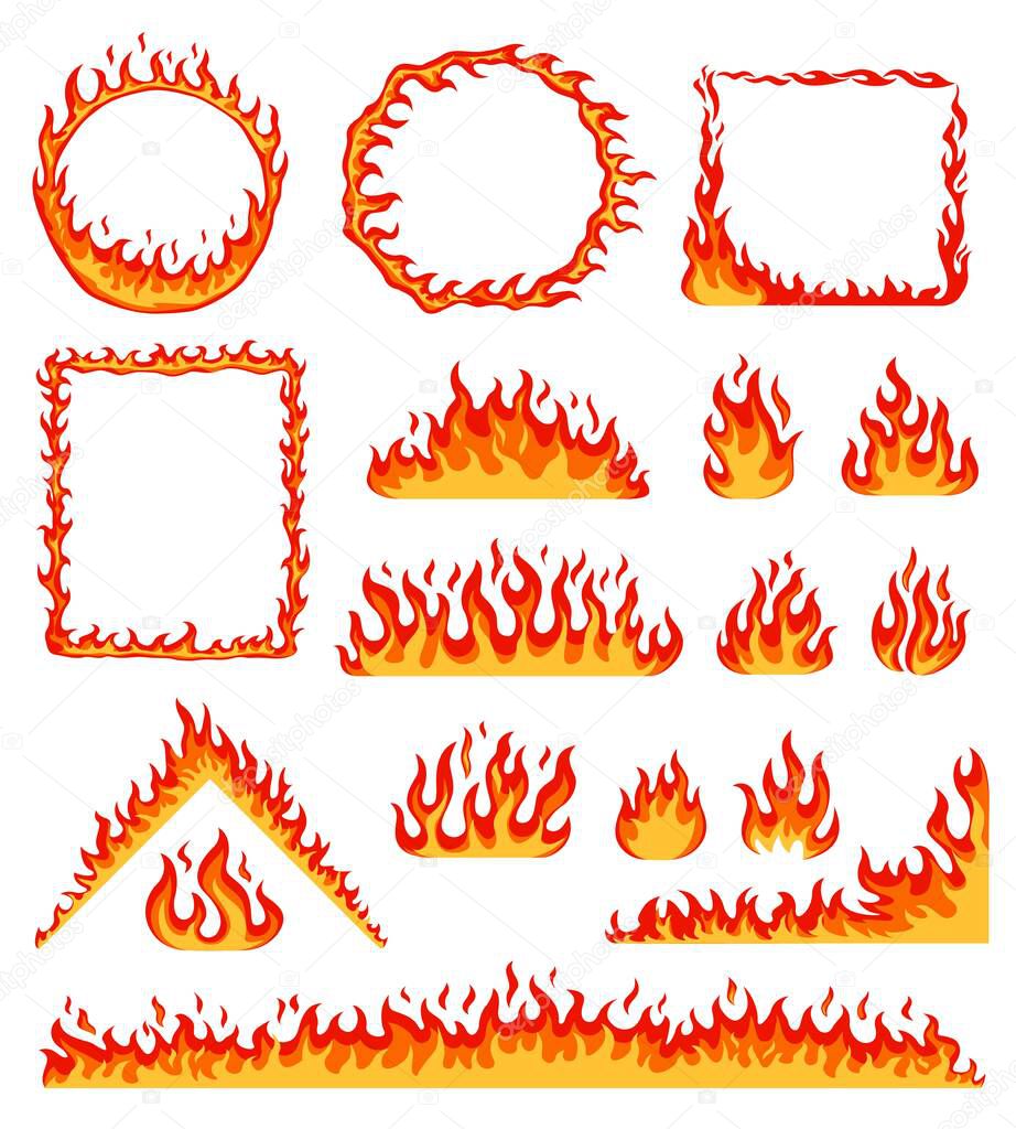 Cartoon fire frame. Red hot burning circle and rectangular frames. Horizontal flame border, campfire, blazing fire line effect vector set