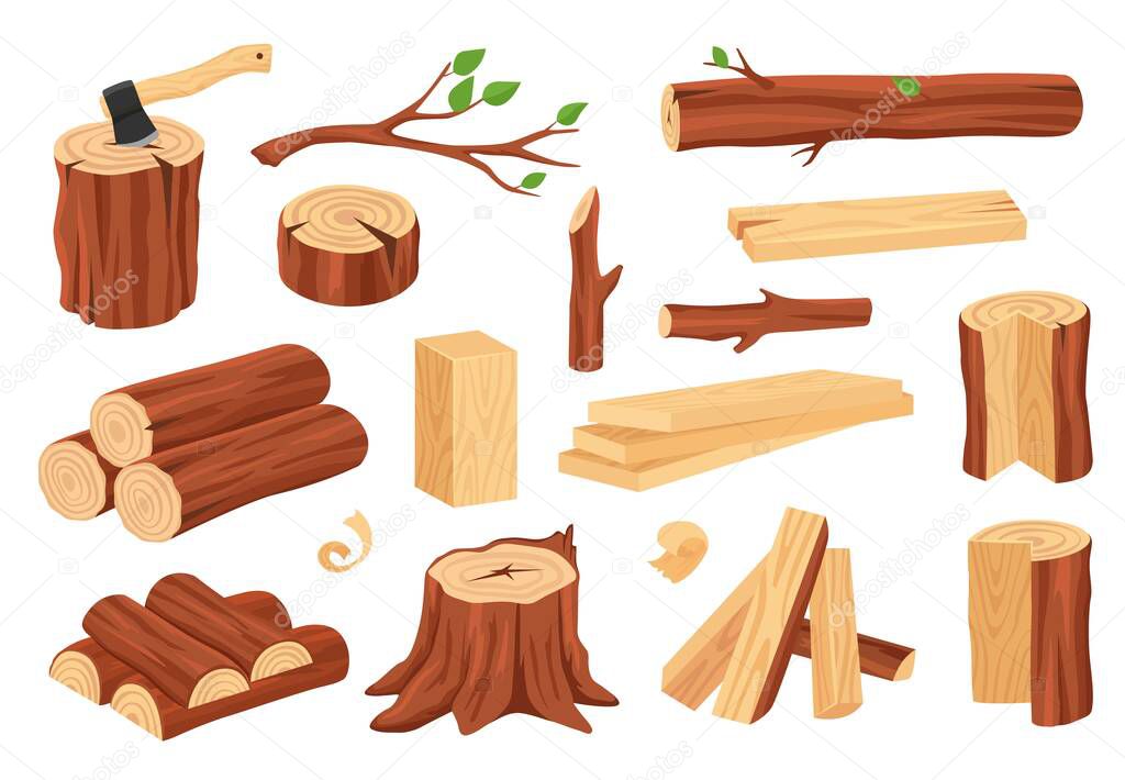 Cartoon wood log and trunk. Wooden lumber materials logs, trunks, stumps, firewood, planks, branches. Hardwood construction elements vector set