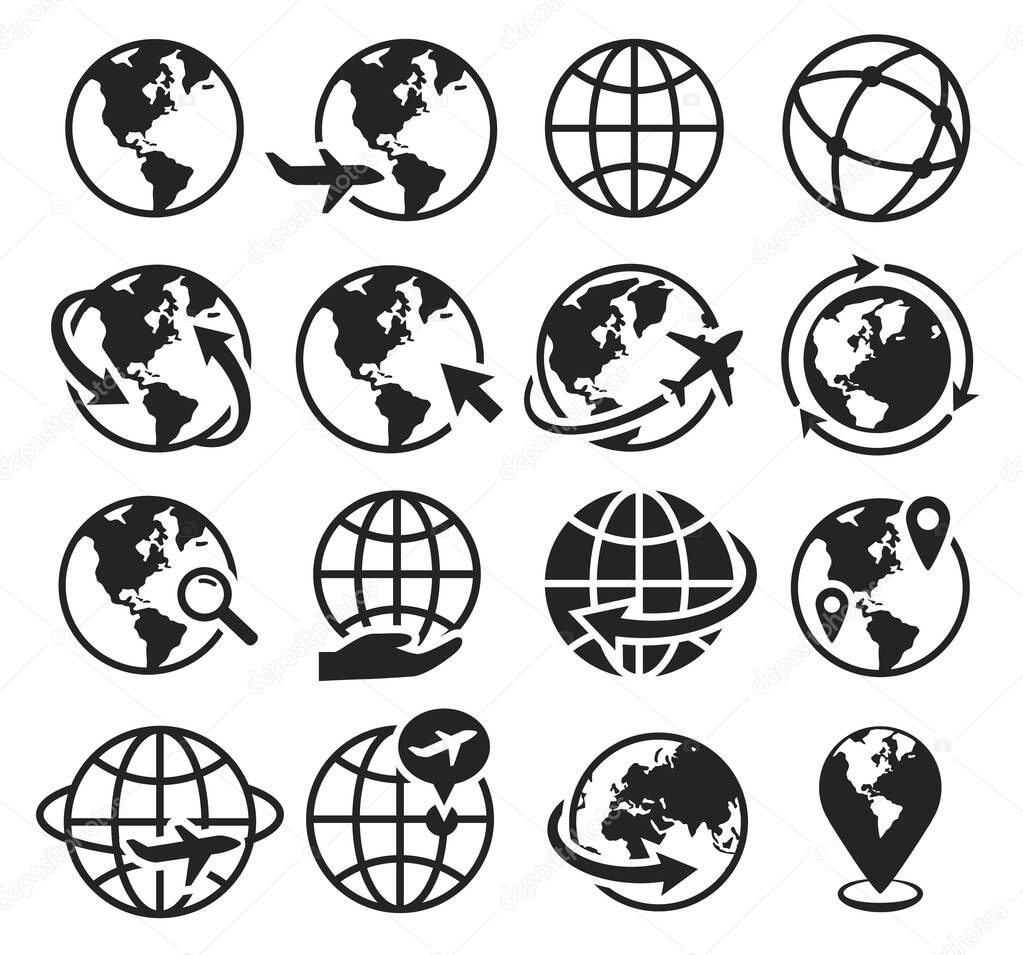 Earth icons. International communication, internet, go to web, worldwide traveling by plane. Globe world geography symbol silhouette vector set