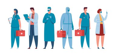 Sağlık görevlileri. Doktorlar, hemşireler, cerrahlar, sıhhiye üniformalı doktorlar. Hastane personeli vektör kavramını destekliyor
