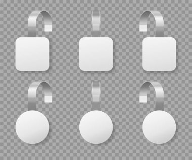 Beyaz yalpalayıcılar. Gerçekçi yuvarlak fiyat etiketi, süpermarket reklamcılık şablonu. Beyaz perakende mağazası raf sarkan vektör ayarları