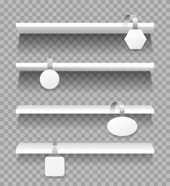 Sallanan raflar. Boş süpermarket vitrinleri ve reklam sallananları. Raftaki vektör modellemelerinde gerçekçi promosyon sallantısı
