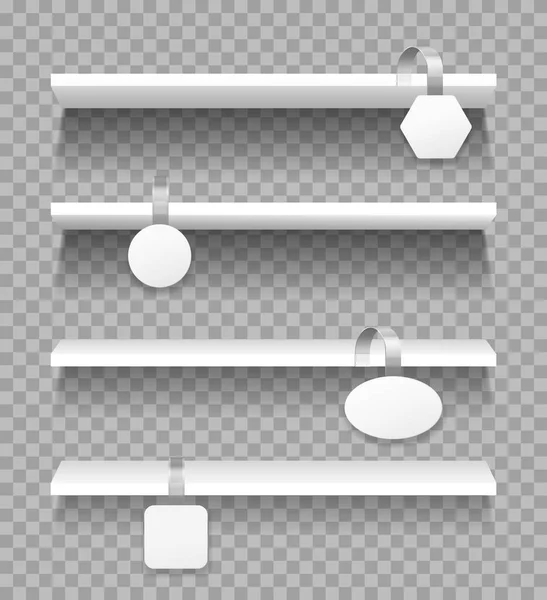 Regale mit Wackelfiguren. Leere Supermarkt-Vitrinen mit Werbeaufstellern. Realistische Werbe-Wobbler auf Regalvektor-Attrappen — Stockvektor