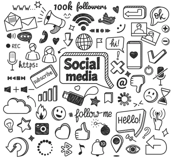 Sociala medier klottrar. Hand dras internet och nätverk skiss symboler. Digital marknadsföring, bloggning, online kommunikation klotter tecken vektor set — Stock vektor