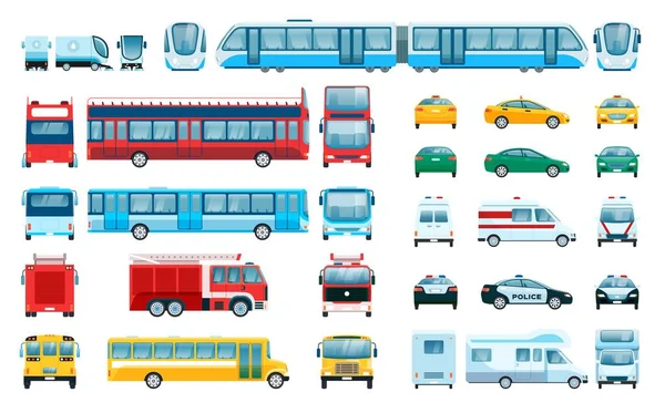 Car side front back view. Urban vehicles Passenger car, taxi, police car, train. Flat city public transport from different angles Vector set — стоковый вектор