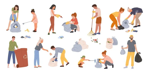 La gente recoge basura. Hombres, mujeres y niños recogiendo basura en contenedores o bolsas. Voluntarios recogiendo residuos de plástico conjunto de vectores — Archivo Imágenes Vectoriales