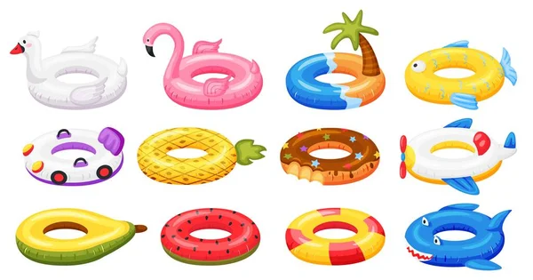 Bague de natation. Accessoires gonflables pour piscine, jouets flottants en caoutchouc pastèque, ananas, beignet, flamant rose. Ensemble vecteur anneau de natation dessin animé été — Image vectorielle