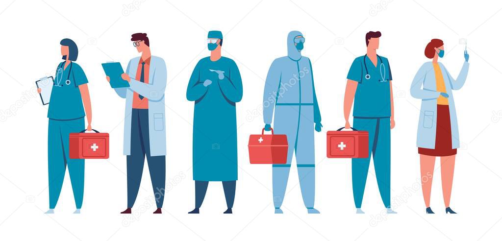 Healthcare workers. Medical team of doctors, nurses, surgeons, physicians in medic uniform. Hospital staff standing together vector concept