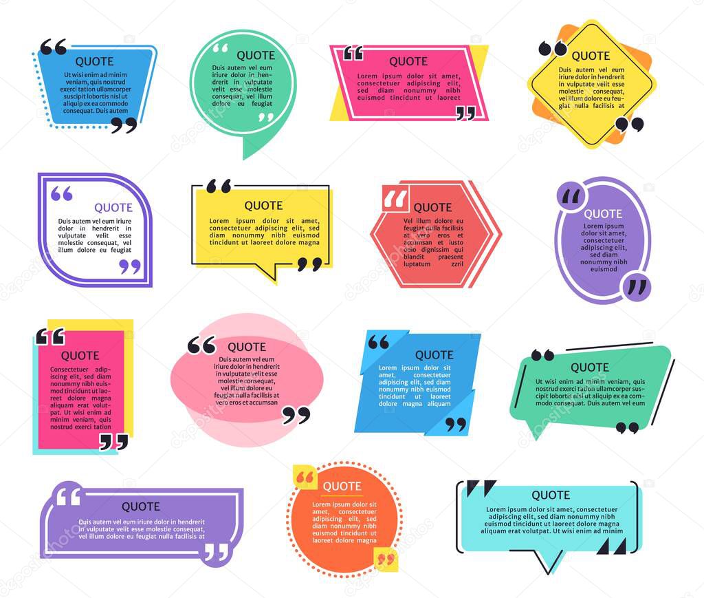 Quote frames. Quotes box frame with quotation marks, headline and text. Geometric shape dialogue speech bubble boxes, information tags vector set