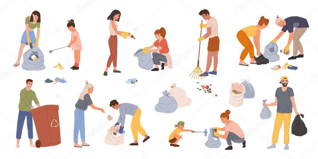 People collect trash. Men, women and kids gathering garbage in containers or bags. Volunteers collecting plastic waste together vector set