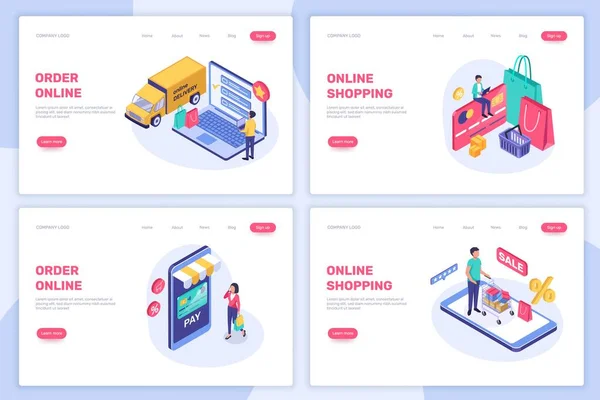 Isometric online shopping. People buying in internet shop concept. Digital payment, online delivery, e-commerce landing page vector set — Stock Vector