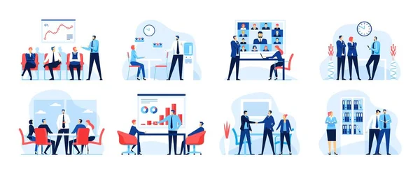 Business meeting. Office workers at video conference meeting. Businesspeople working together. Successful partnership, teamwork vector concept set — стоковый вектор